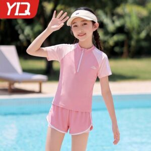 Đồ Bơi Cho Bé Gái Cộc Tay – Set Quần Áo Bơi 2 Món Áo Cộc Tay Quần 2 Ống Cho Bé Gái Màu Hồng ORIGINAL