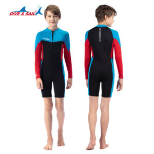 Đồ Bơi Giữ Nhiệt Bé Trai Liền Thân Dài Tay Dày 2.5mm Wetsuit WS704 Dive&Sail – Đen Đỏ