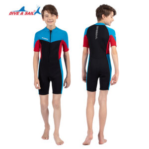 Đồ Bơi Giữ Nhiệt Bé Trai Liền Thân Tay Cộc 2.5mm Wetsuit WS604 Dive&Sail – Đen Đỏ