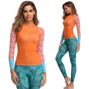 Set Áo Bơi Nữ Dài Tay Chui Đầu Áo Xanh Quần Đùi Xanh Hoa (Sao chép)