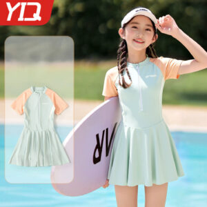 Đồ Bơi Cho Bé Gái Dạng Quần Giả Váy Cộc Tay 7205 Xanh Cam